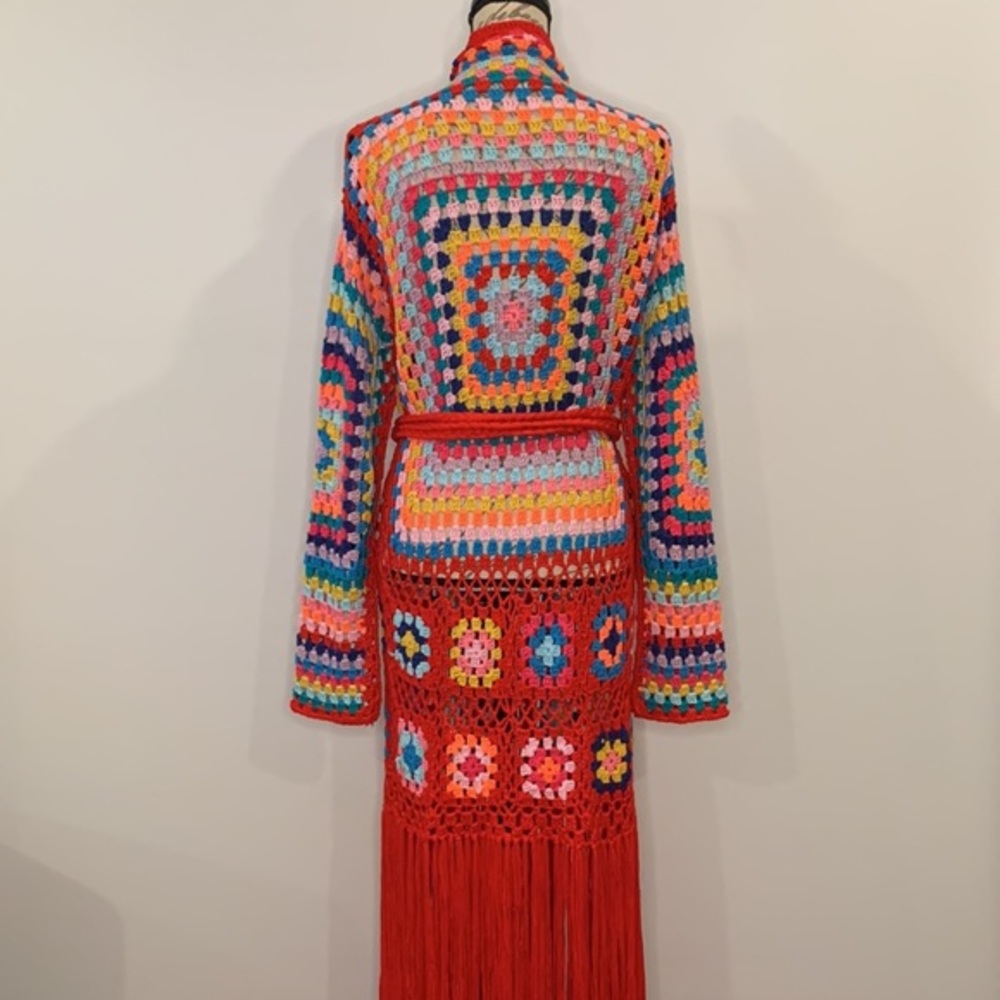 Retro Granny Square Colorful Crochet Long Fringe Cardigan - Picture 10 of 12